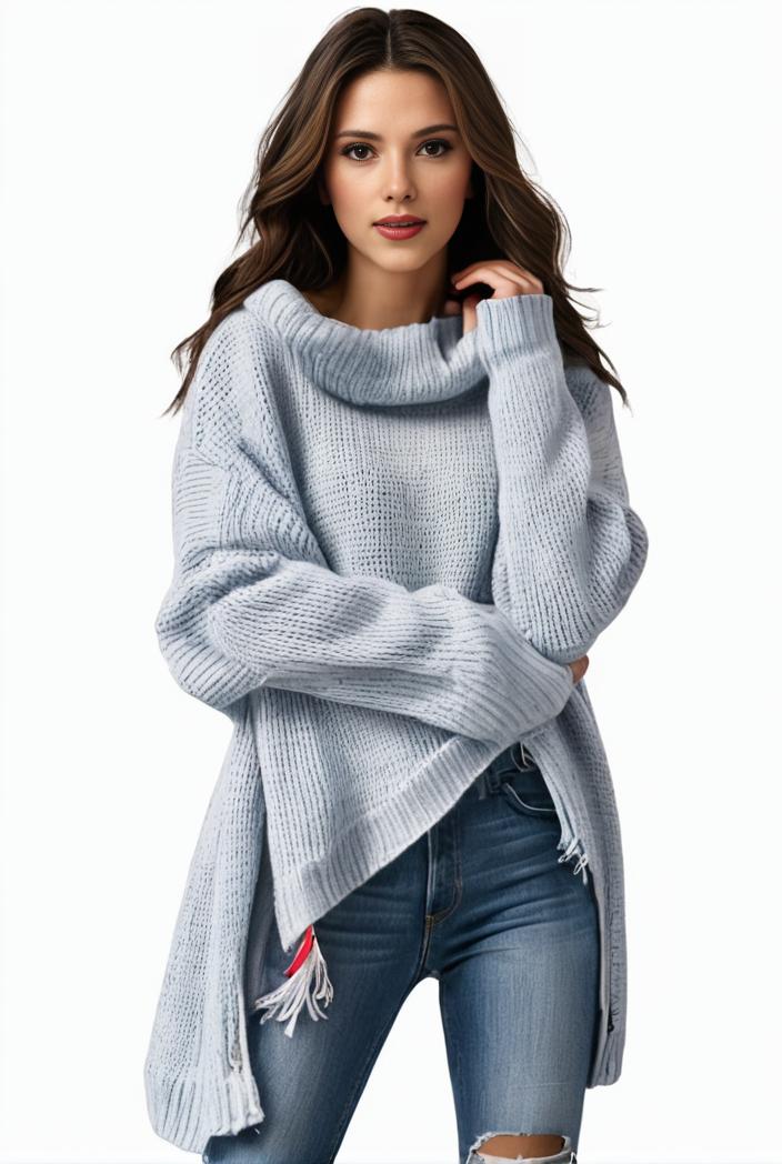 plus size casual sweater women s plus solid tassel trim long sleeve cowl neck high stretch jumper 126281