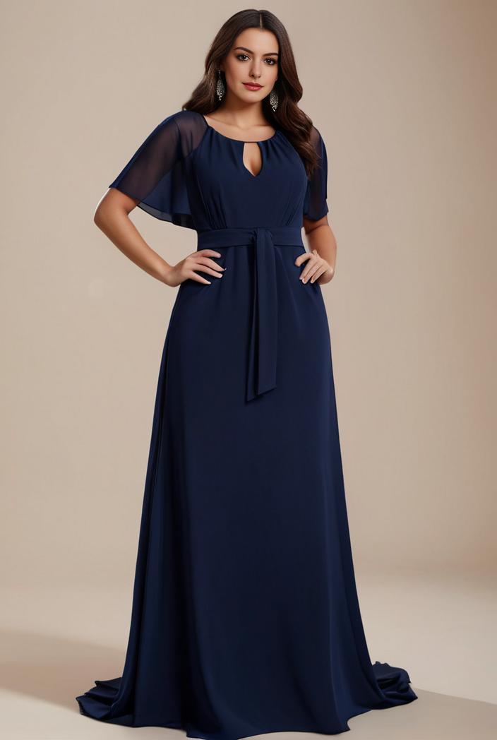 plus size simple chiffon pleated a line round neckline bridesmaid dress 149788