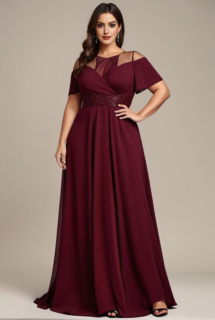 plus size simple chiffon pleated a line round neckline bridesmaid dress 149843