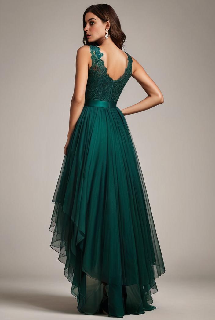 sequin bodice tulle high low evening dress with ribbon waist 101472