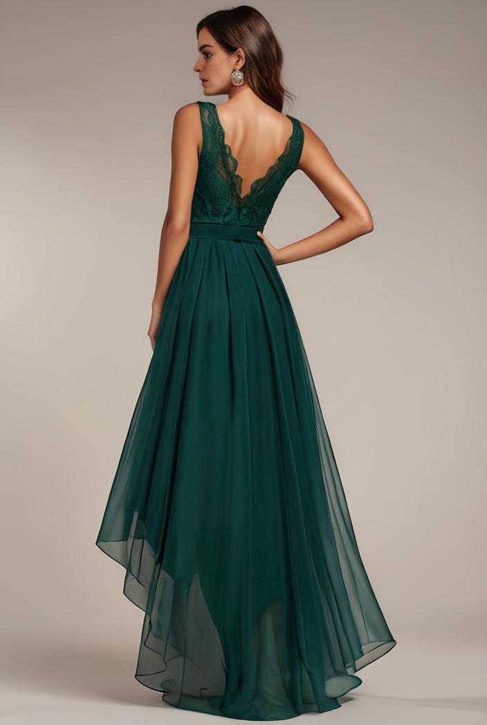 sequin bodice tulle high low evening dress with ribbon waist 101470