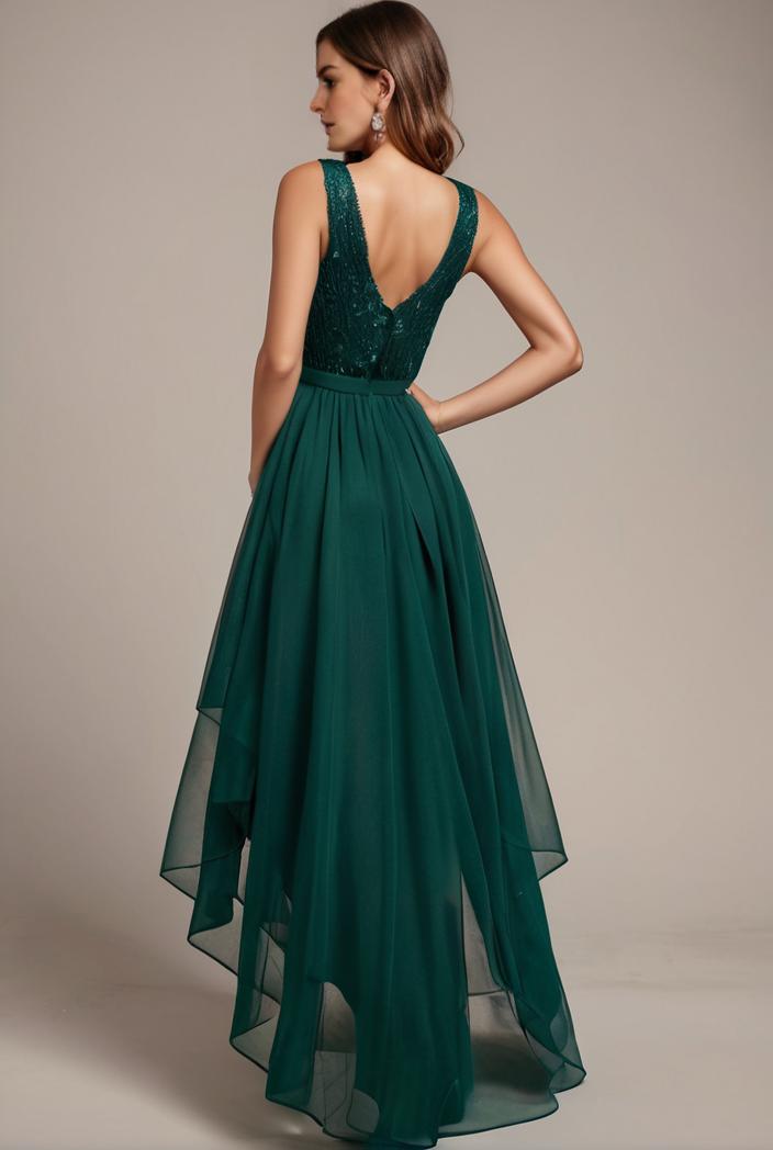sequin bodice tulle high low evening dress with ribbon waist 101473
