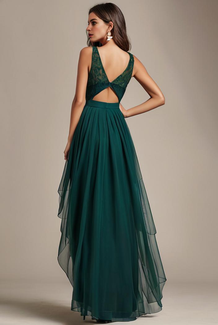 sequin bodice tulle high low evening dress with ribbon waist 101474