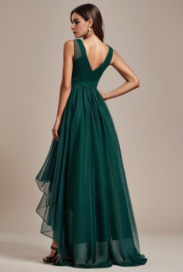 sequin bodice tulle high low evening dress with ribbon waist 101475