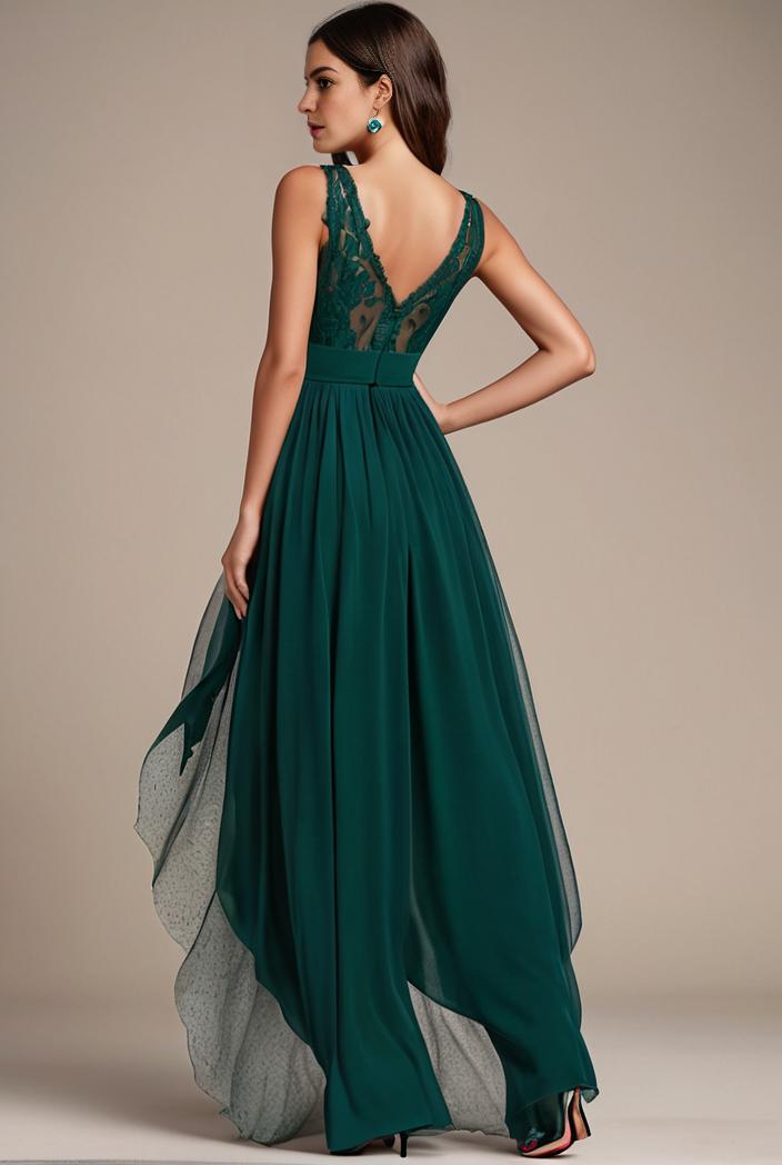 sequin bodice tulle high low evening dress with ribbon waist 101476