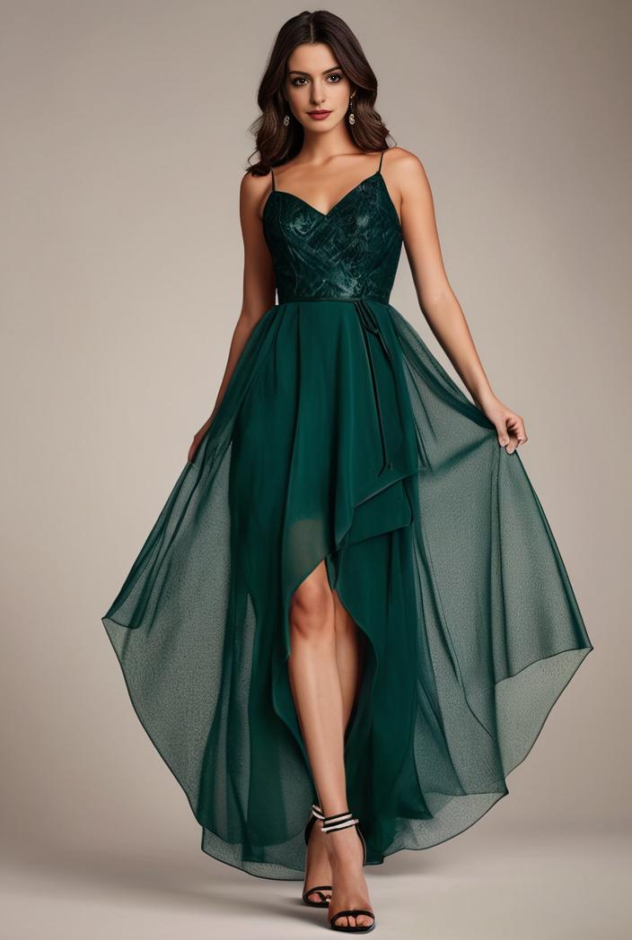 sequin bodice tulle high low evening dress with ribbon waist 101479
