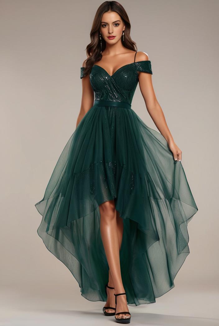 sequin bodice tulle high low evening dress with ribbon waist 101477