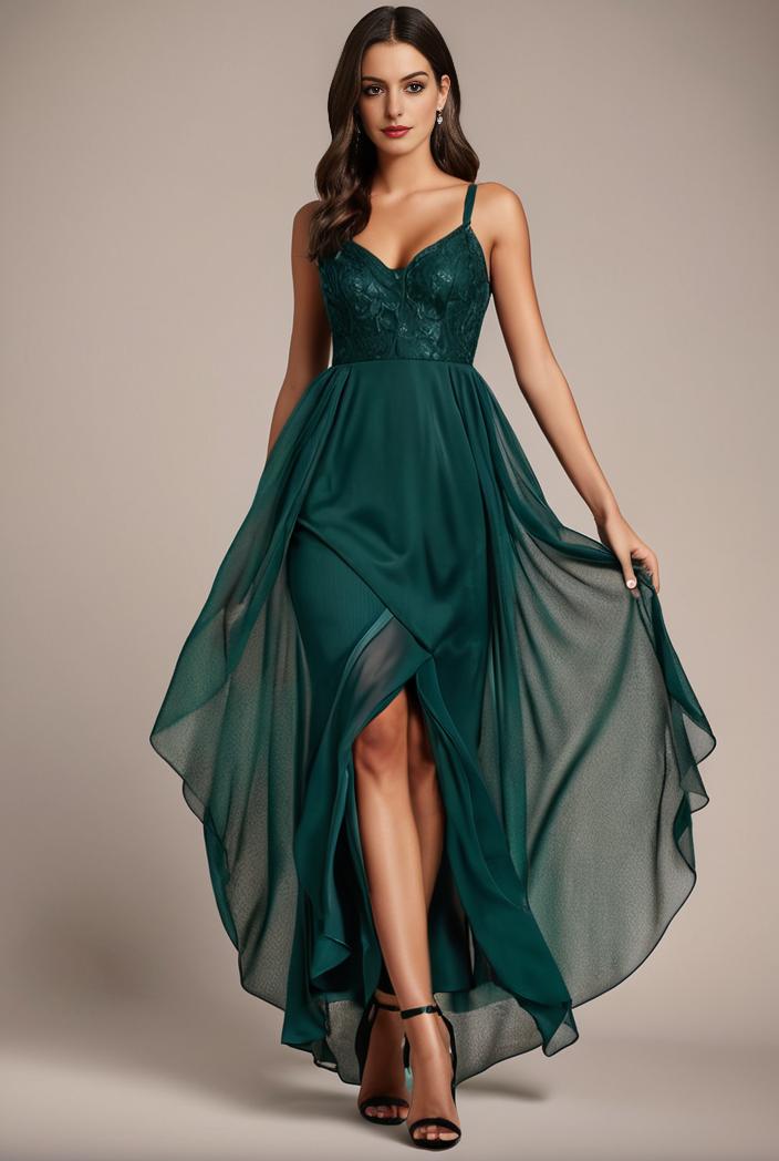 sequin bodice tulle high low evening dress with ribbon waist 101481