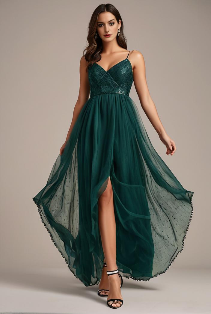 sequin bodice tulle high low evening dress with ribbon waist 101484