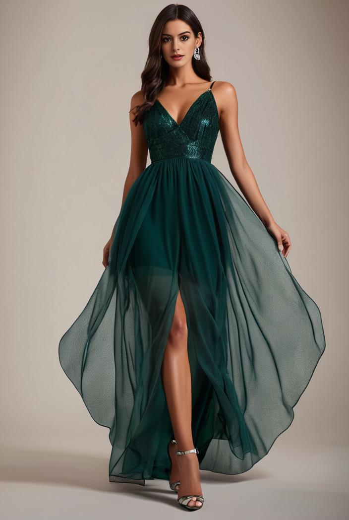 sequin bodice tulle high low evening dress with ribbon waist 101485