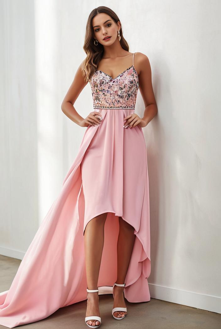 sequin bodice tulle high low evening dress with ribbon waist 101493