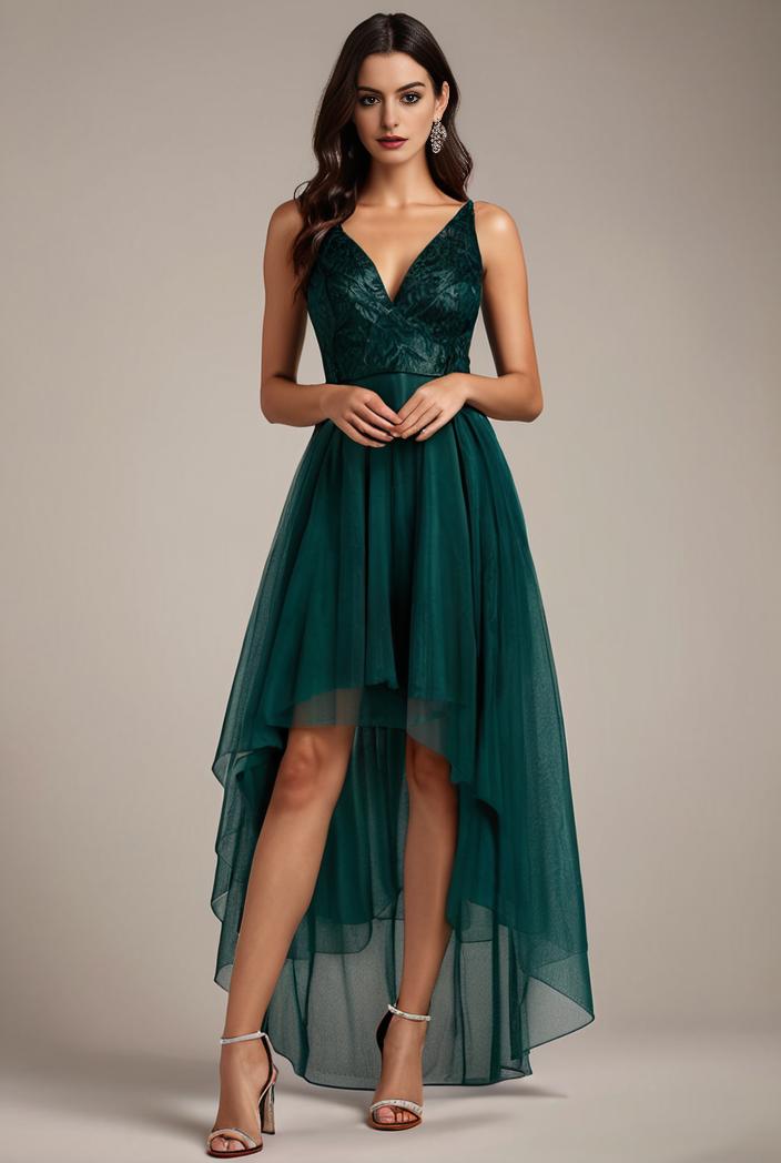 sequin bodice tulle high low evening dress with ribbon waist 101494