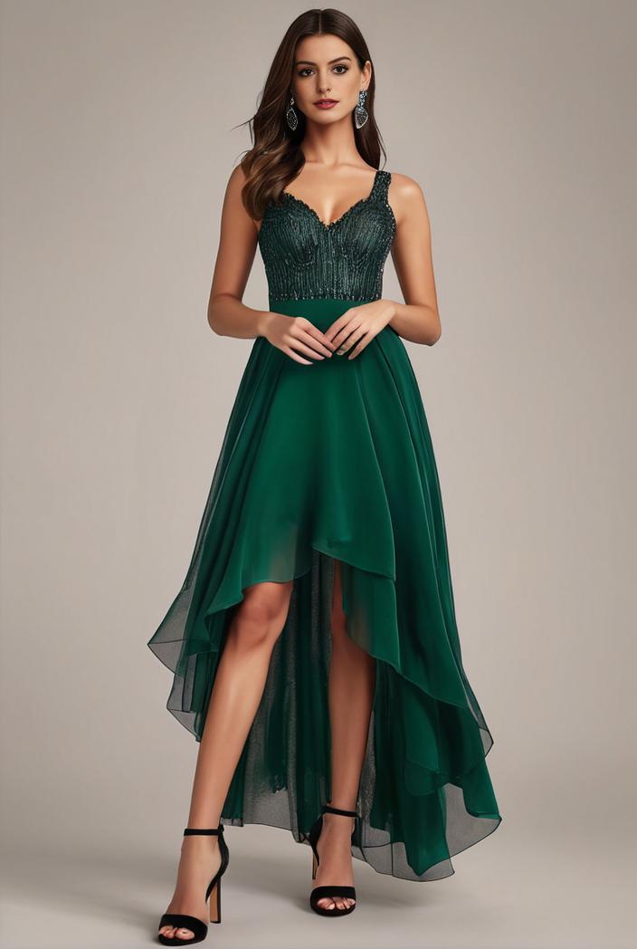sequin bodice tulle high low evening dress with ribbon waist 101495