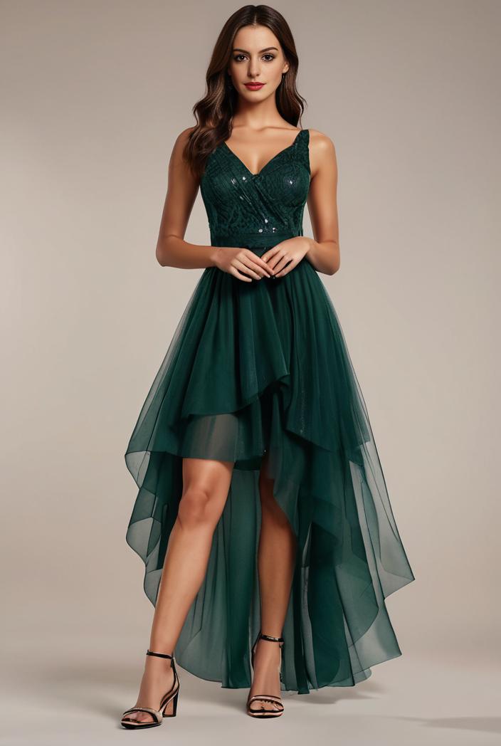 sequin bodice tulle high low evening dress with ribbon waist 101496