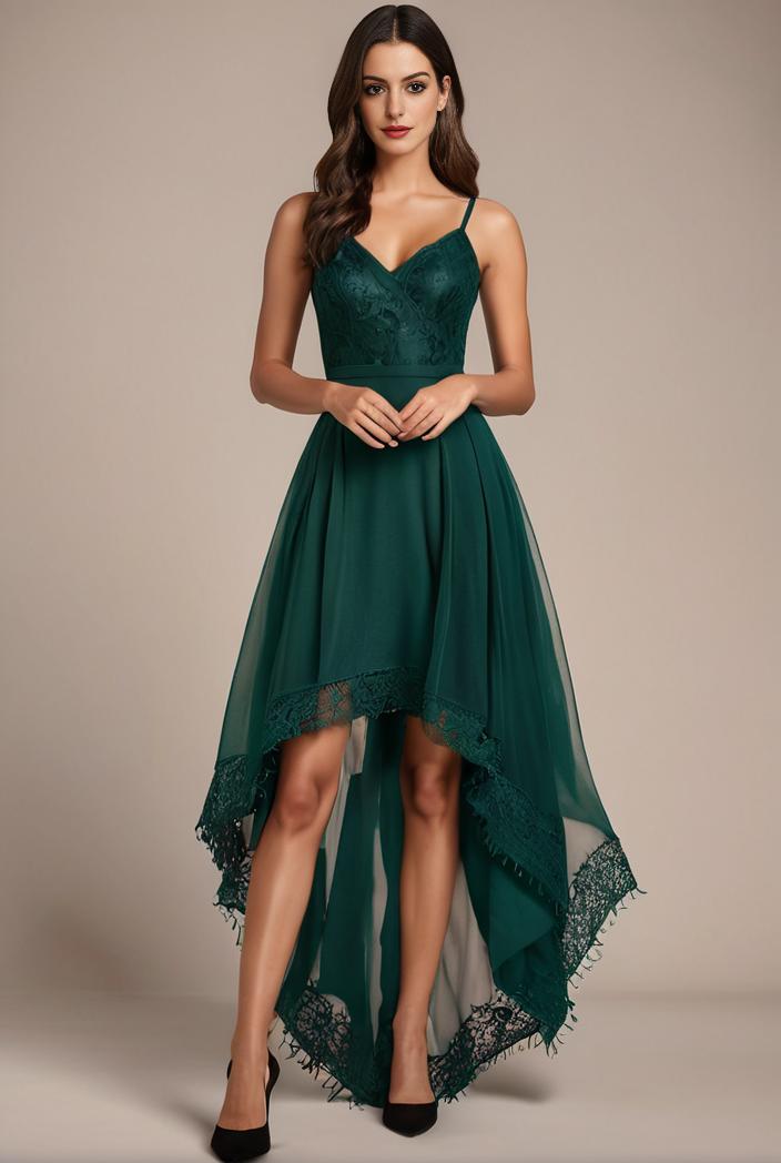 sequin bodice tulle high low evening dress with ribbon waist 101499