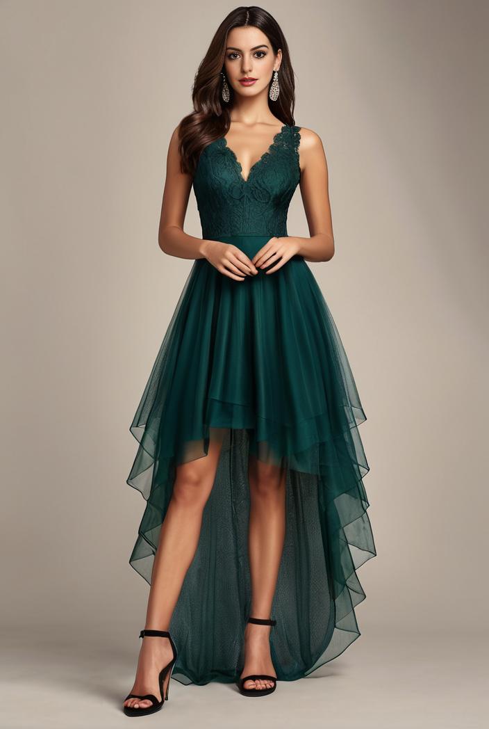 sequin bodice tulle high low evening dress with ribbon waist 101498