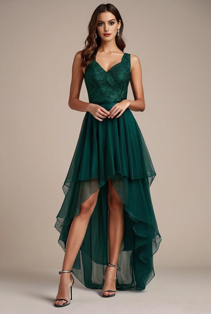 sequin bodice tulle high low evening dress with ribbon waist 101500