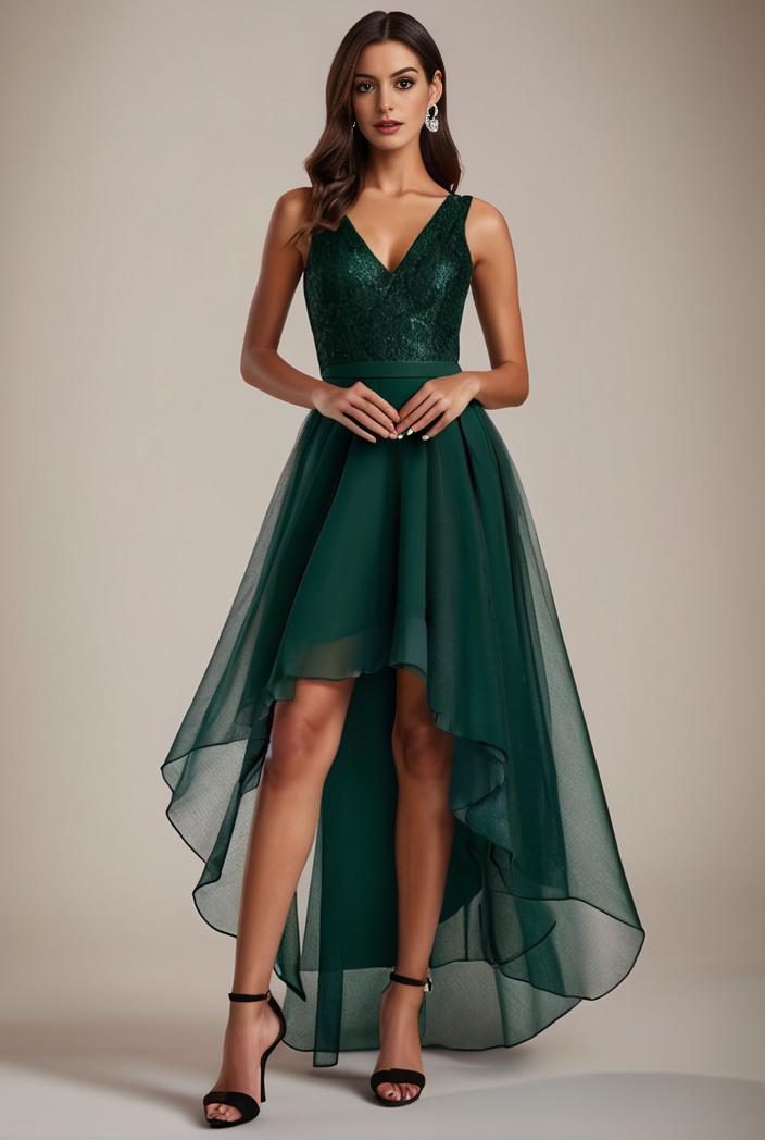 sequin bodice tulle high low evening dress with ribbon waist 101501