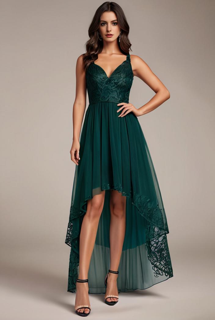 sequin bodice tulle high low evening dress with ribbon waist 101510