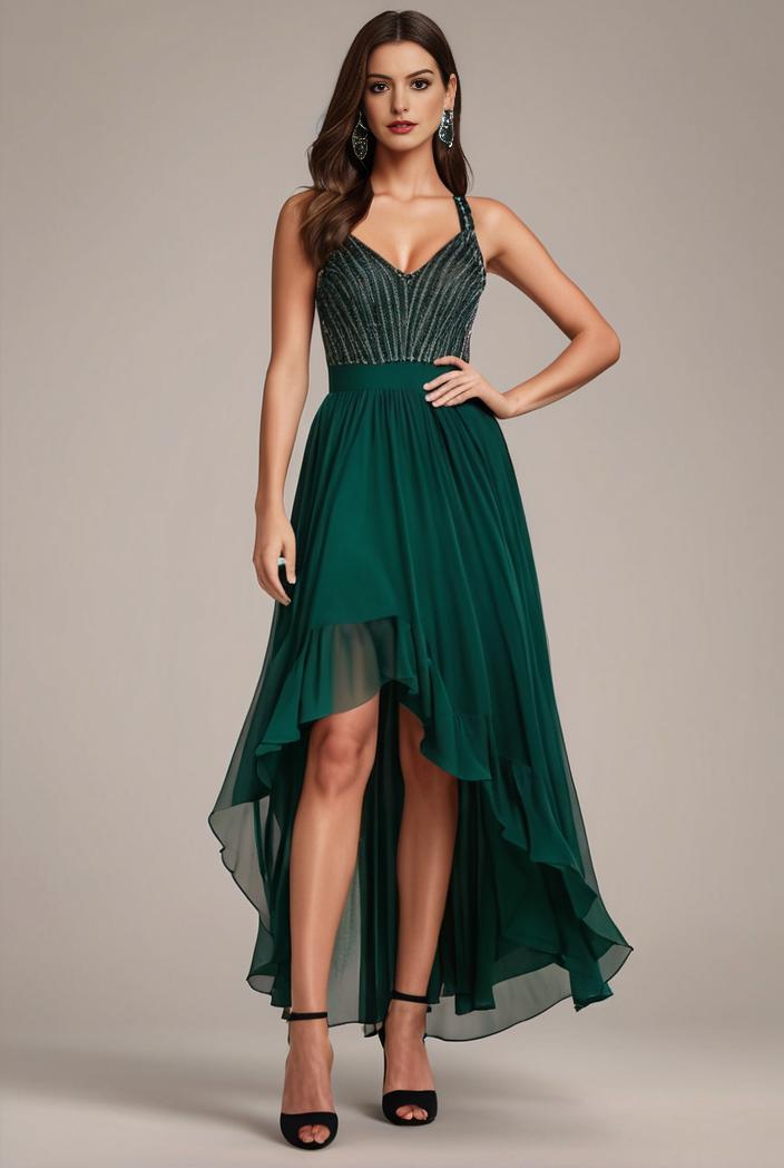sequin bodice tulle high low evening dress with ribbon waist 101511