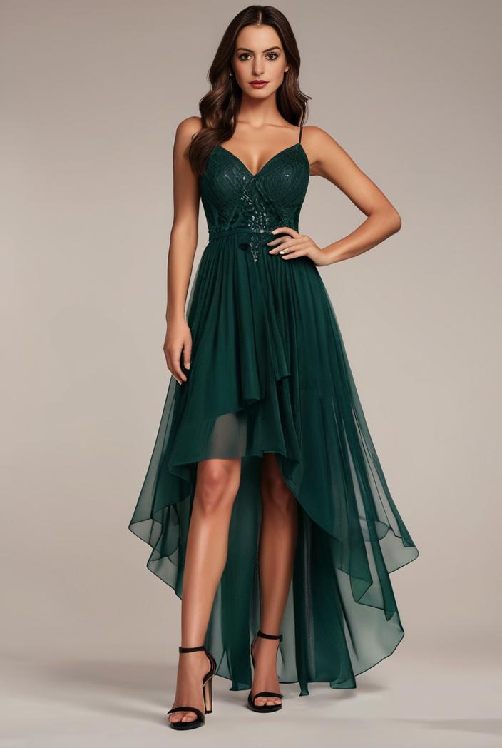 sequin bodice tulle high low evening dress with ribbon waist 101512