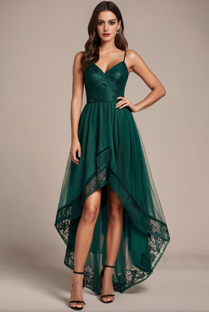 sequin bodice tulle high low evening dress with ribbon waist 101513
