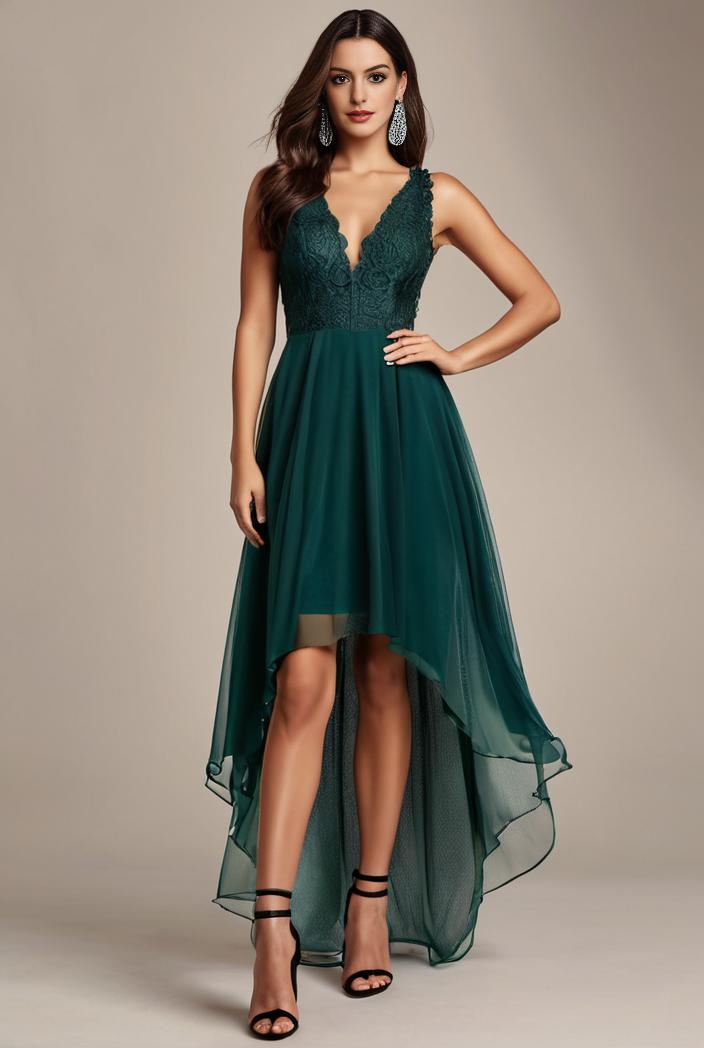 sequin bodice tulle high low evening dress with ribbon waist 101516