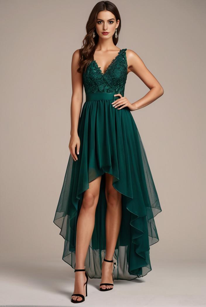 sequin bodice tulle high low evening dress with ribbon waist 101515