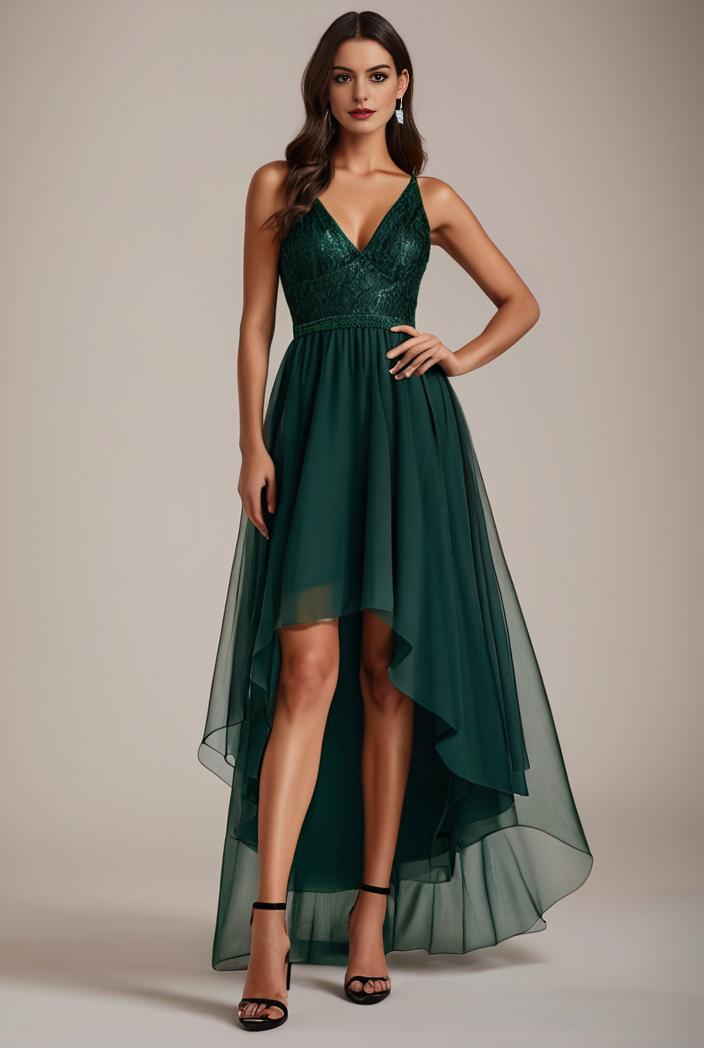 sequin bodice tulle high low evening dress with ribbon waist 101520