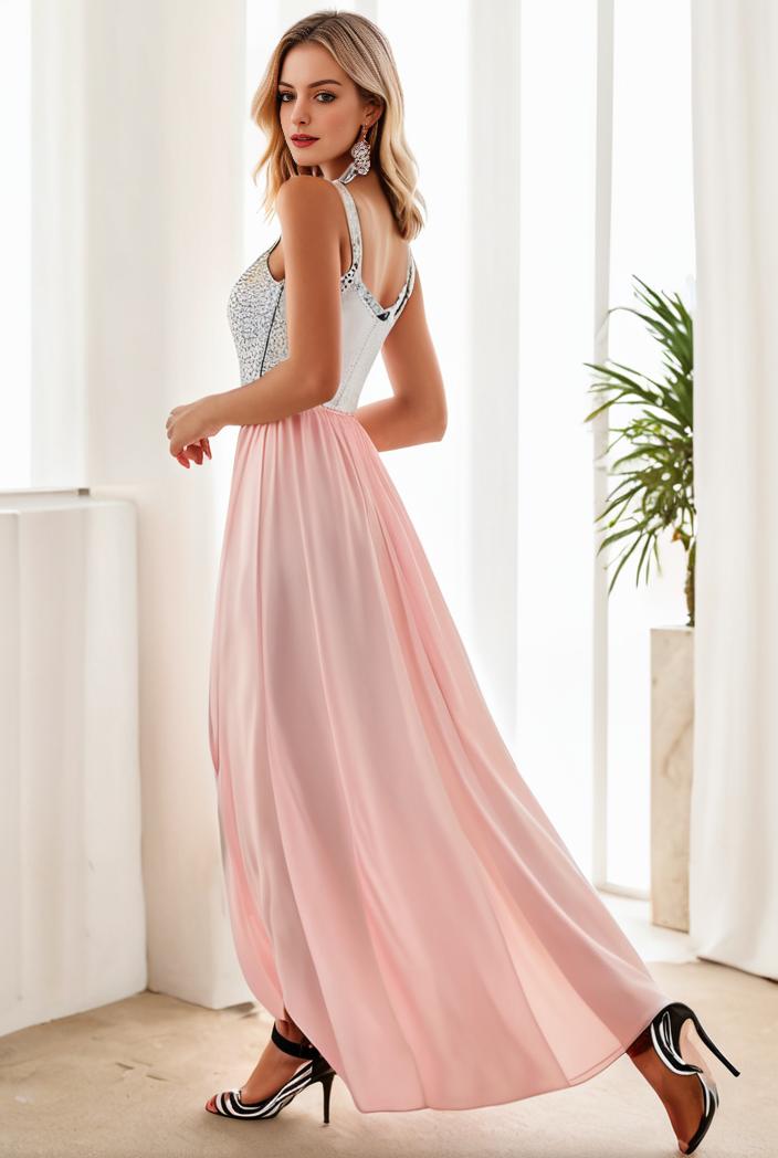 sequin bodice tulle high low evening dress with ribbon waist 101530