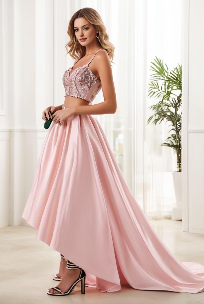 sequin bodice tulle high low evening dress with ribbon waist 101531