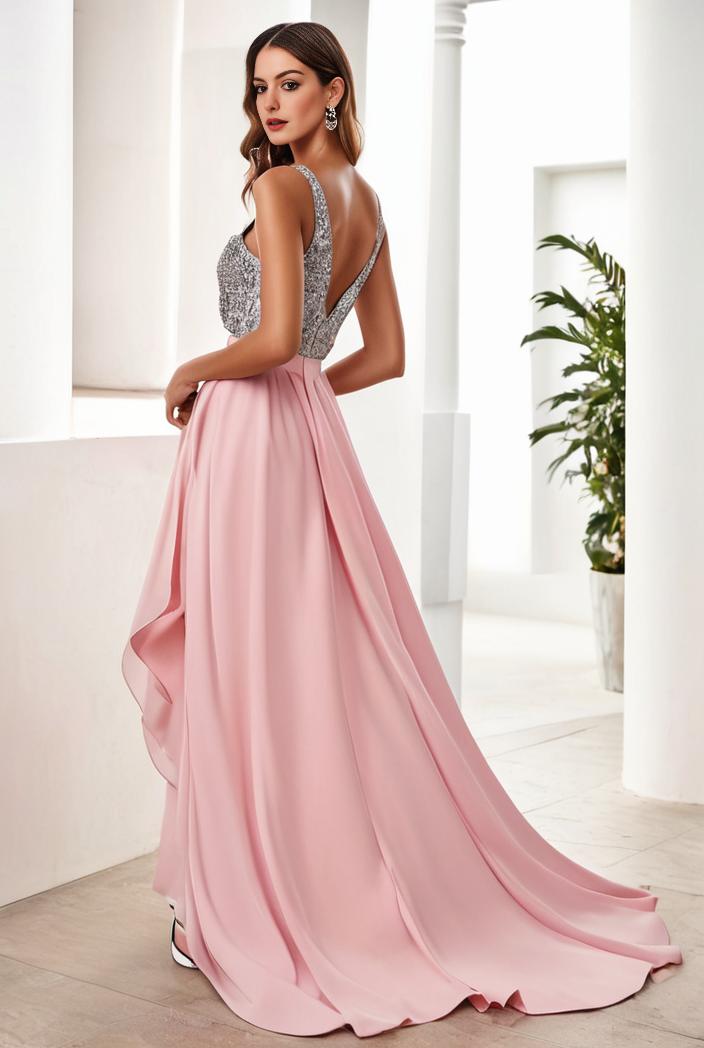 sequin bodice tulle high low evening dress with ribbon waist 101532