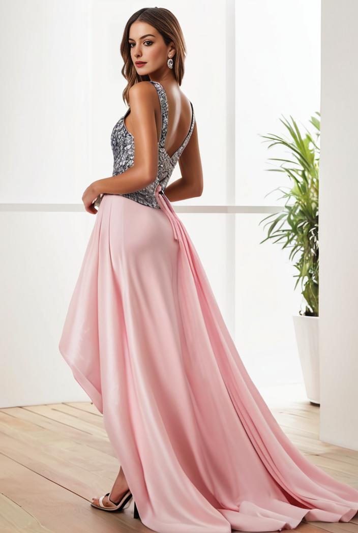 sequin bodice tulle high low evening dress with ribbon waist 101533