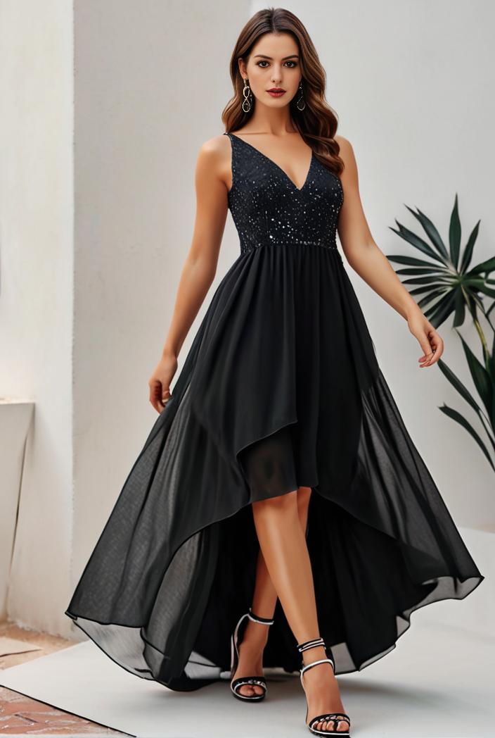 plus size sequin high low deep v neck tulle evening dresses 124587