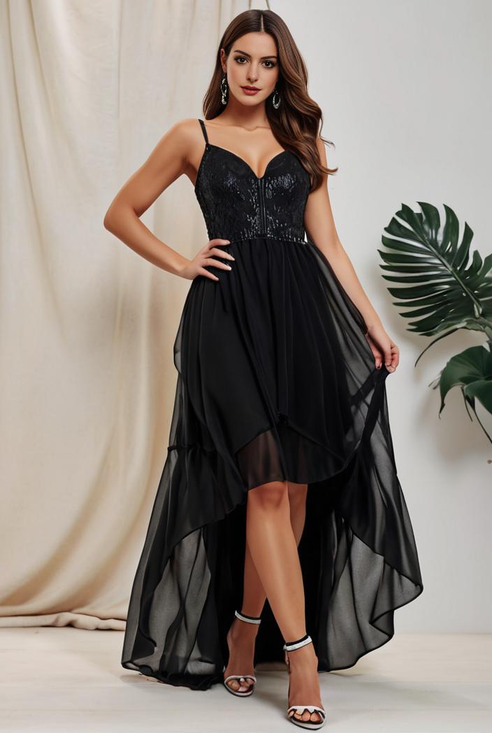 plus size sequin high low deep v neck tulle evening dresses 124595