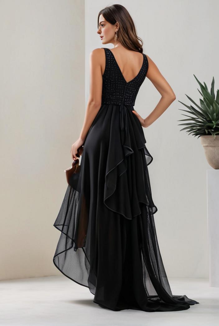 plus size sequin high low deep v neck tulle evening dresses 124603
