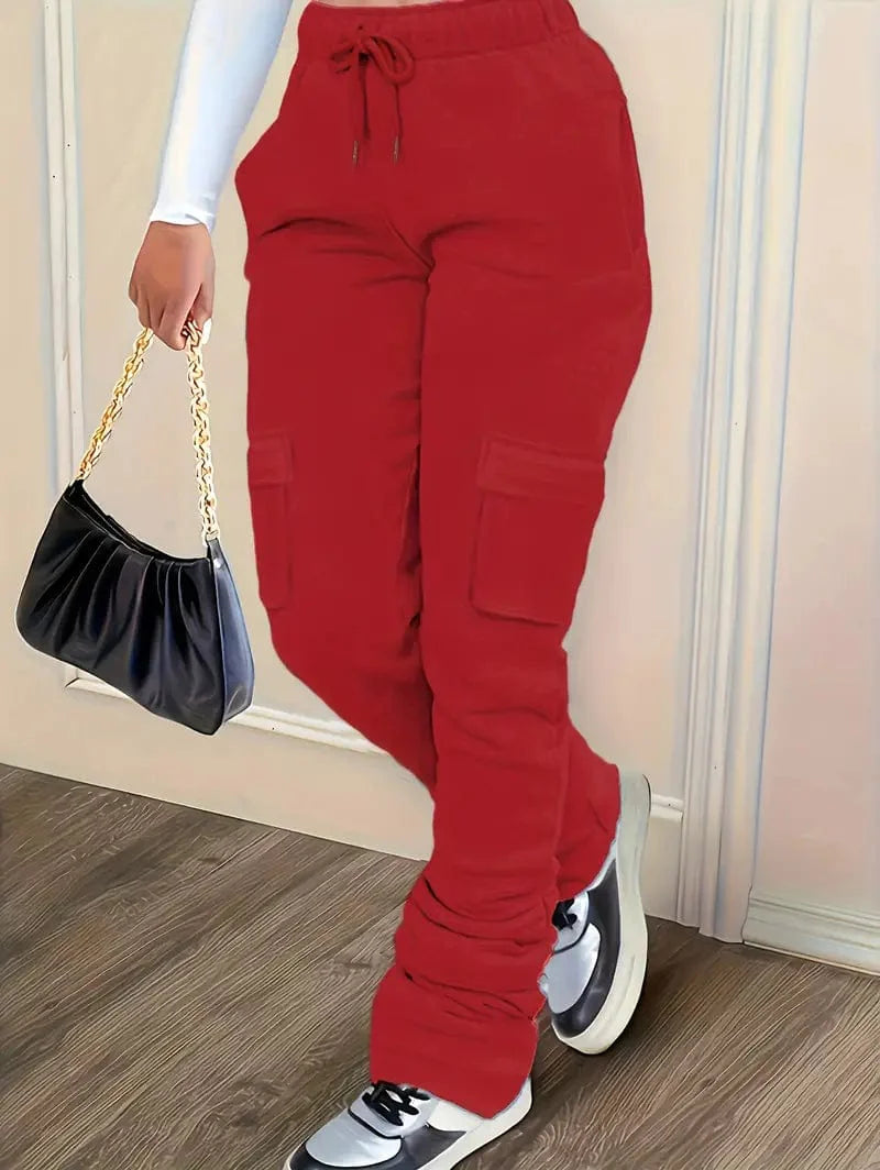 Ruched Solid Pants, Long-Length Casual Drawstring Bottoms, Women's Apparel
