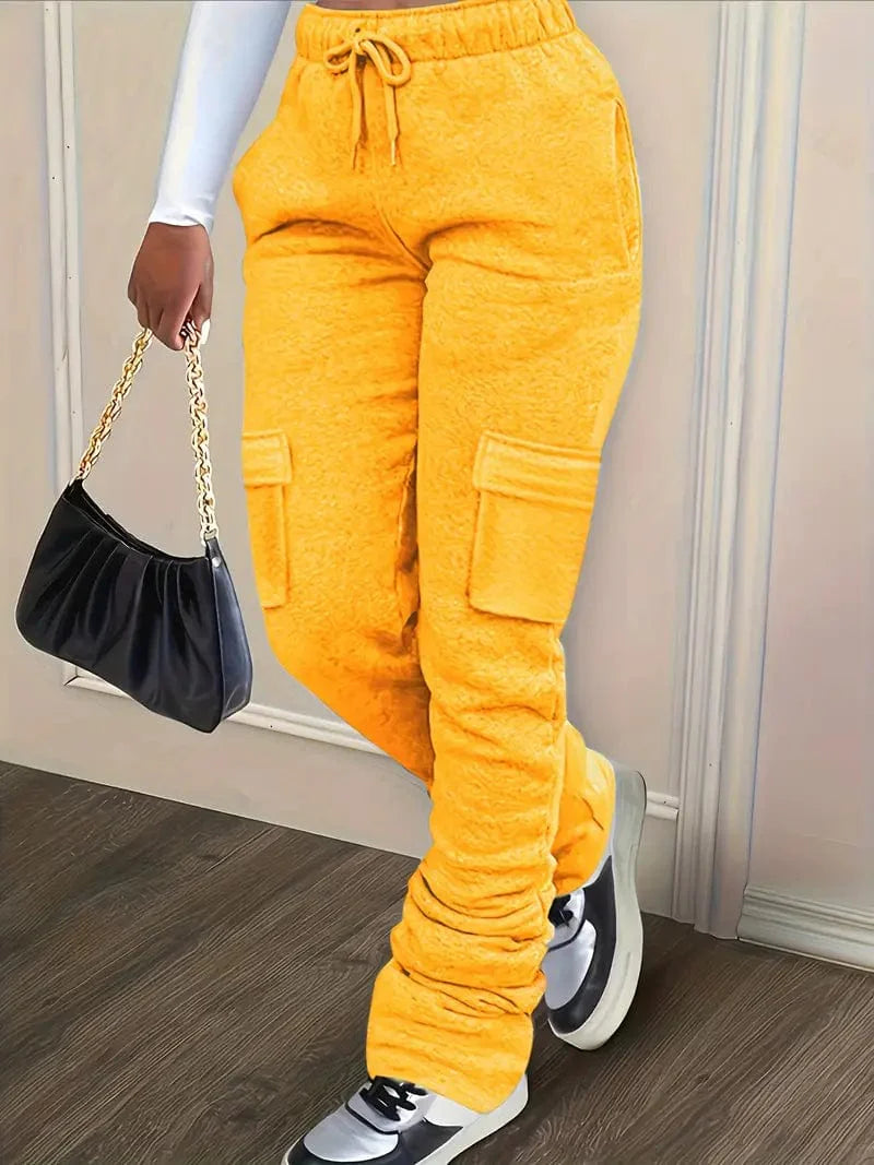Ruched Solid Pants, Long-Length Casual Drawstring Bottoms, Women's Apparel