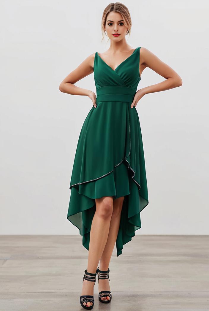 deep v neck lace chiffon bridesmaid dress with asymmetrical hem 103140