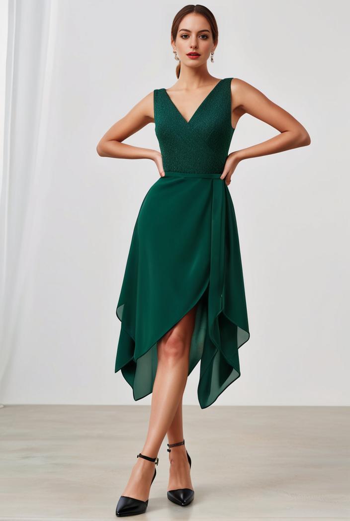 deep v neck lace chiffon bridesmaid dress with asymmetrical hem 103142