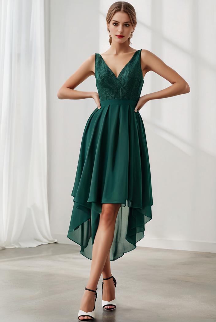 deep v neck lace chiffon bridesmaid dress with asymmetrical hem 103143