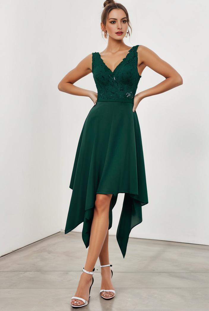 deep v neck lace chiffon bridesmaid dress with asymmetrical hem 103145