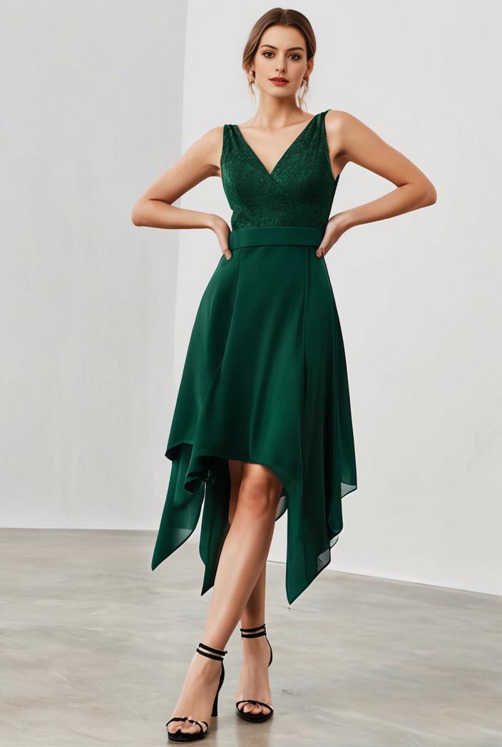 deep v neck lace chiffon bridesmaid dress with asymmetrical hem 103146