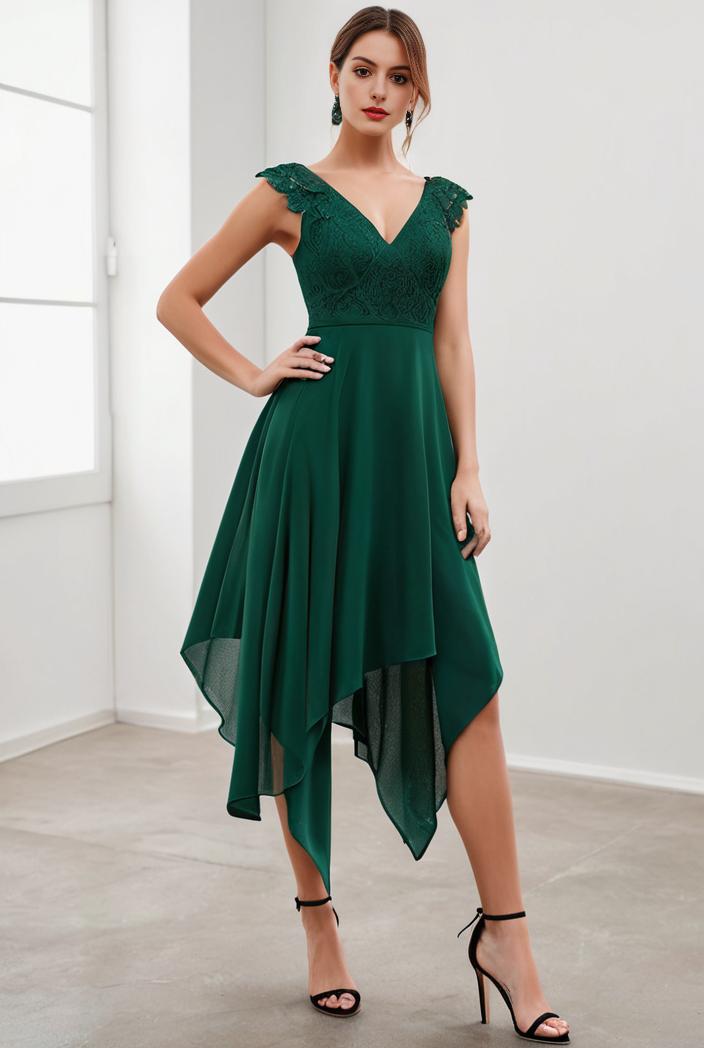 deep v neck lace chiffon bridesmaid dress with asymmetrical hem 103172