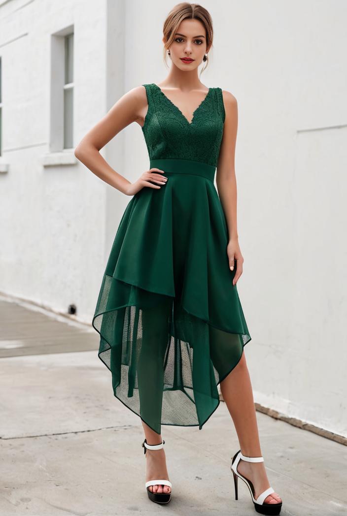 deep v neck lace chiffon bridesmaid dress with asymmetrical hem 103178