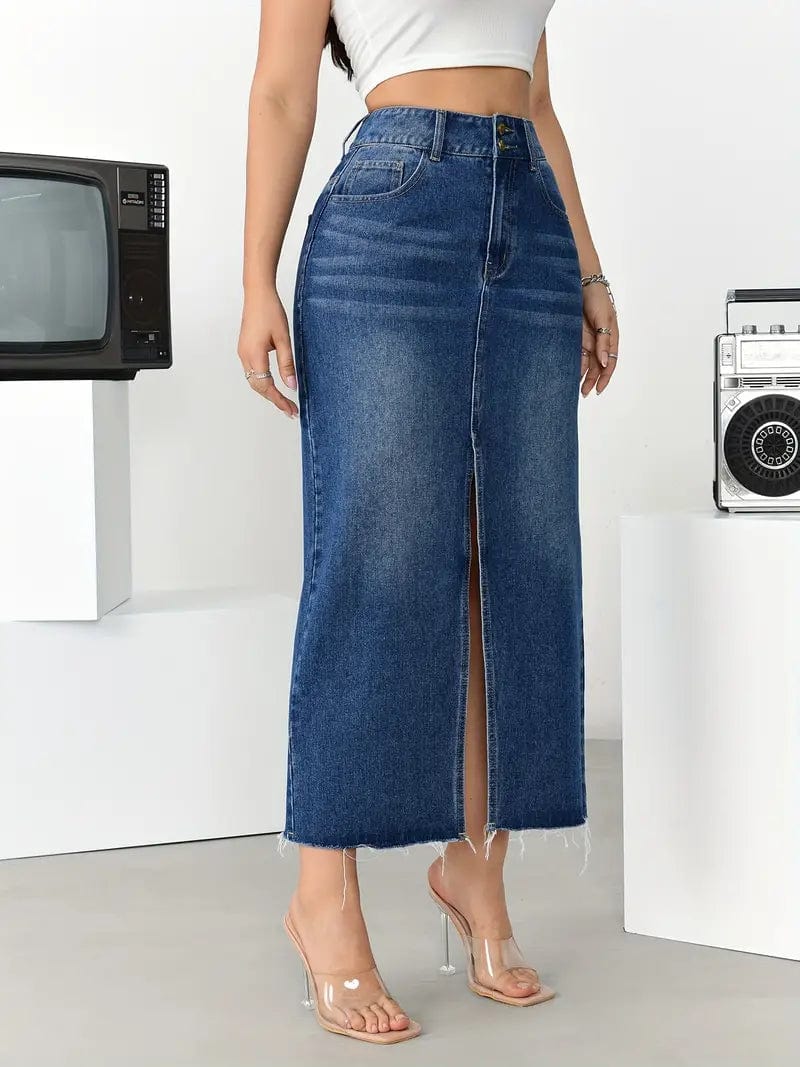 Split Denim Midi Skirt with High Waist and Stylish Slant Pockets