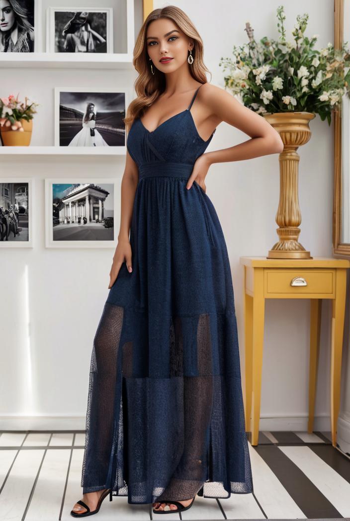 spaghetti strap 2 in 1 sheer evening dress 136232