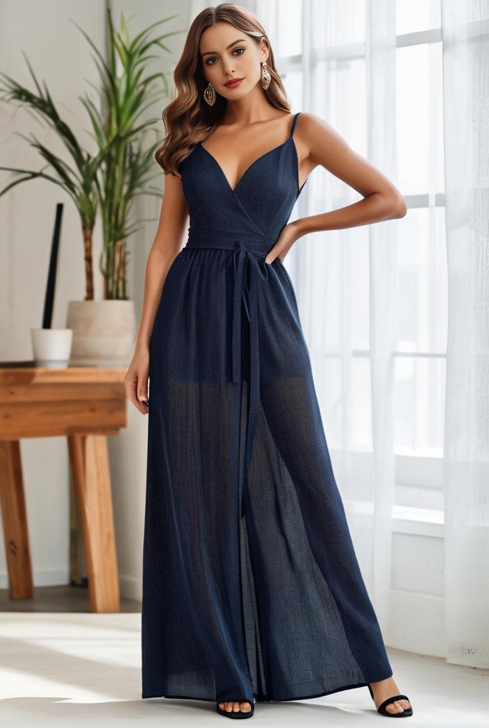 spaghetti strap 2 in 1 sheer evening dress 136281