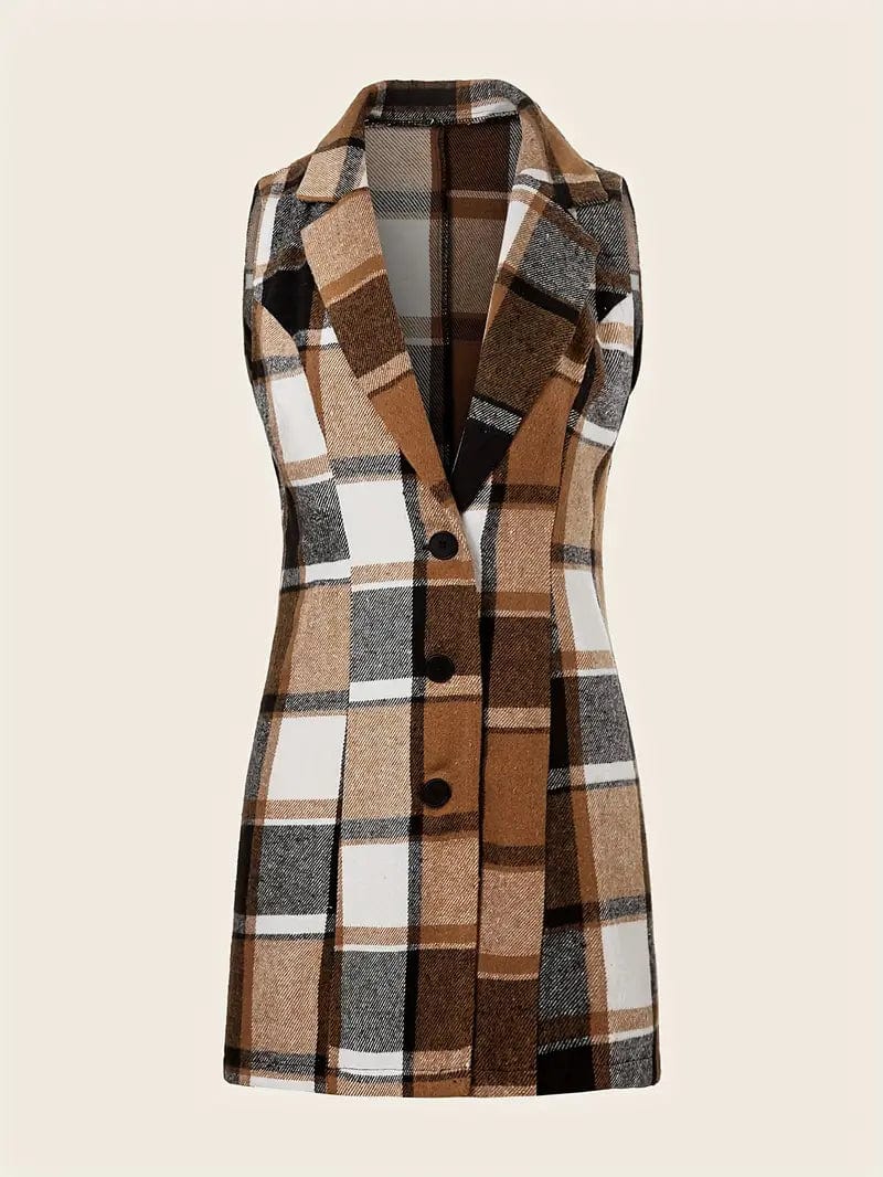 Sleeveless Plaid Lapel Blazer, Casual Single Breasted Outerwear, Women's Apparel