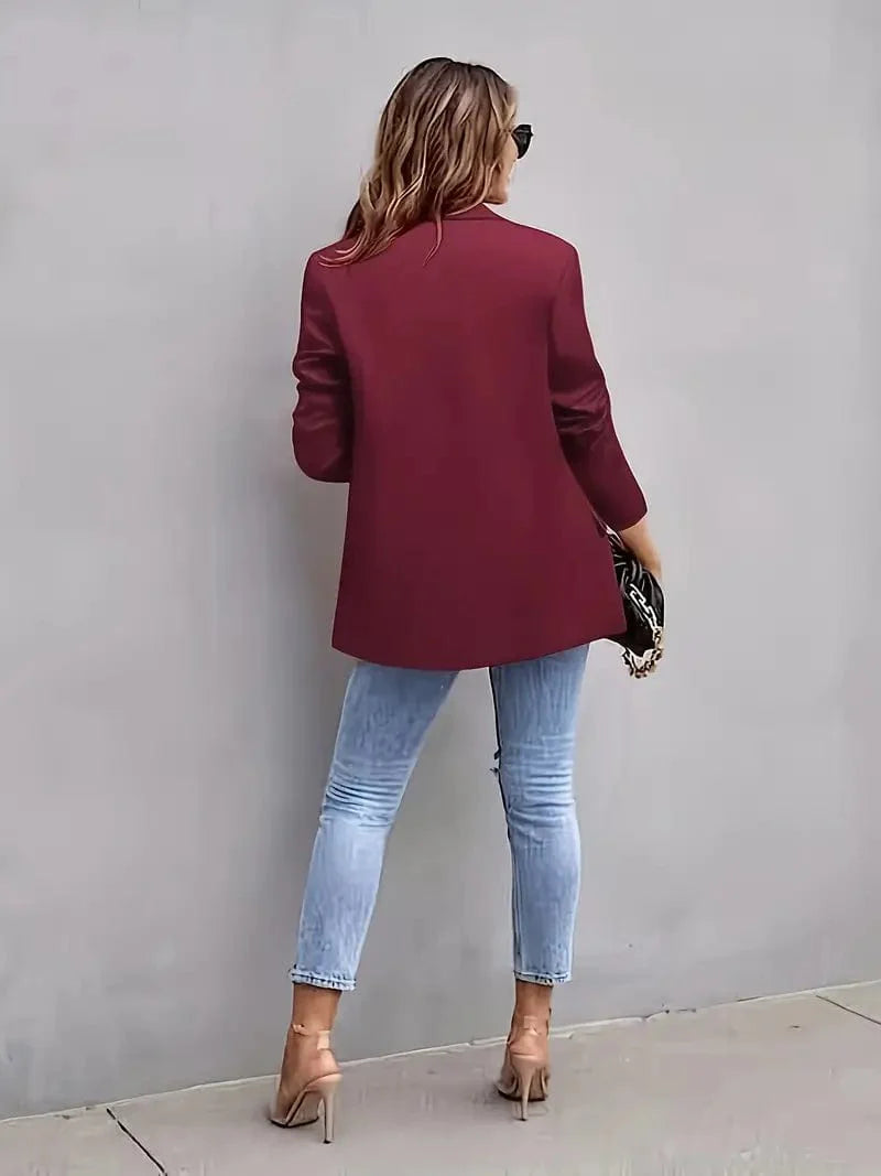 Lapel Neck Blazer with Button Front, Stylish Long Sleeve Jacket for Office & Work, Women's Apparel